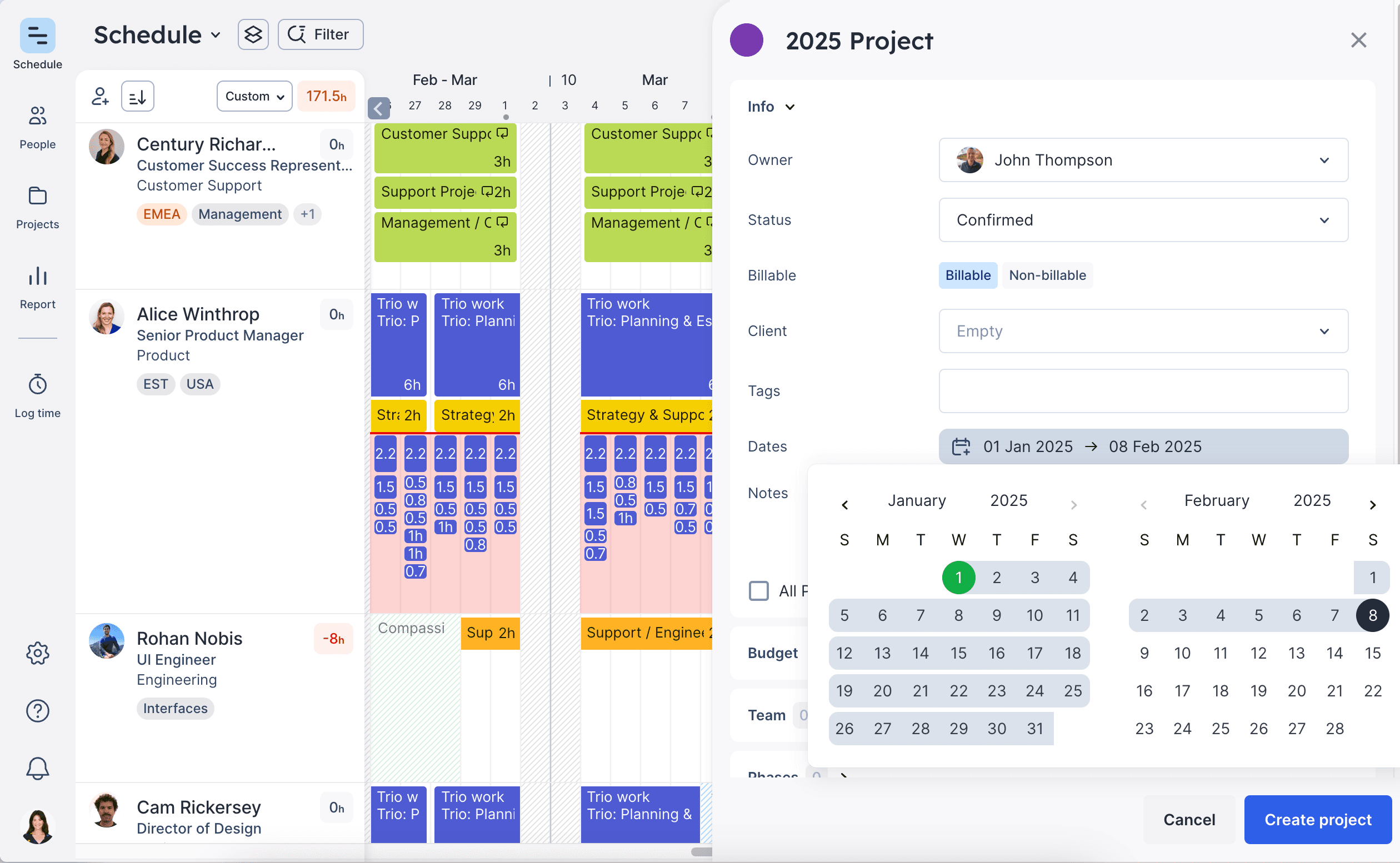 Project side panel with future start and end dates
