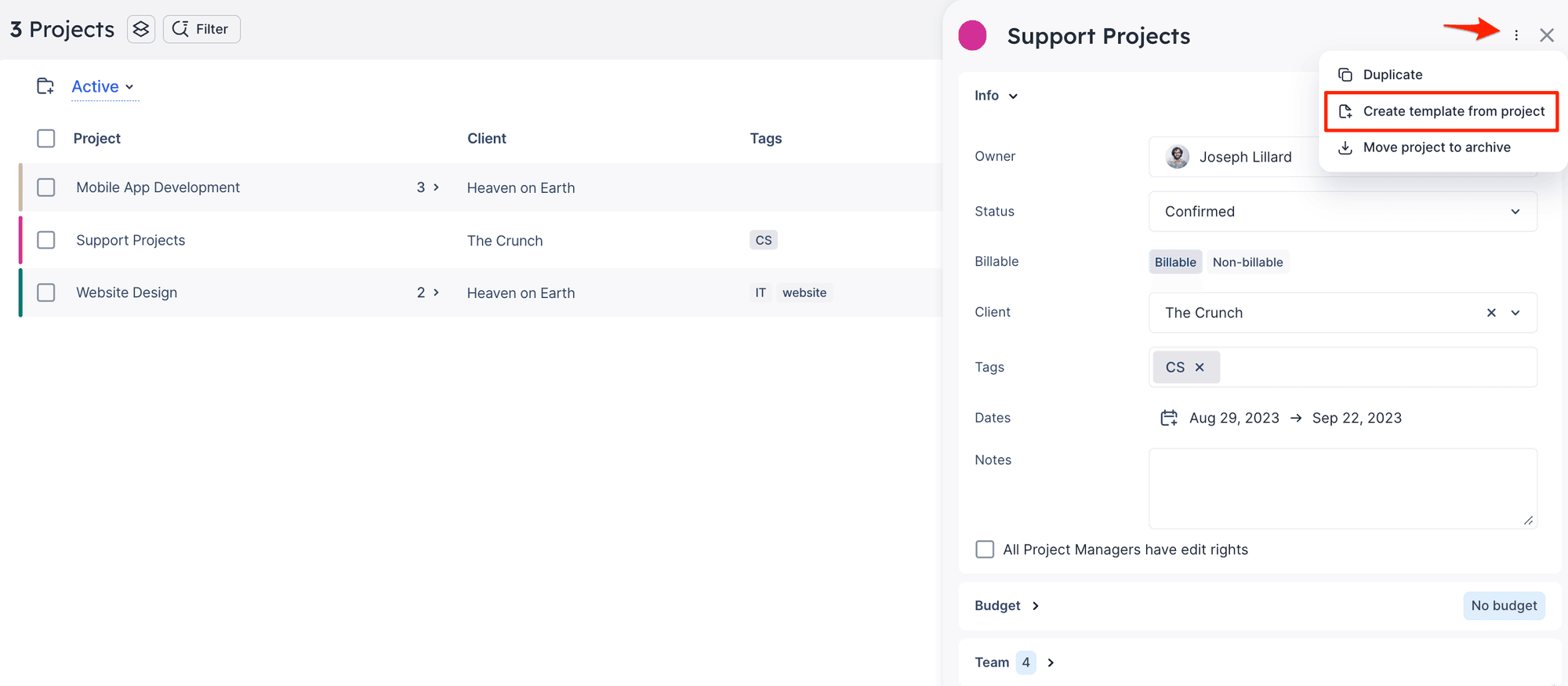 Create project template from side panel